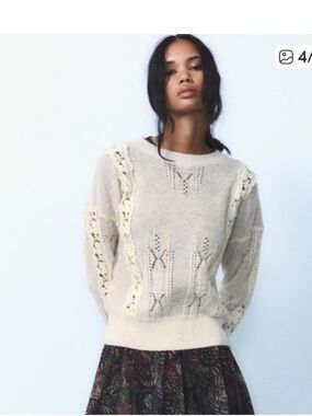 Zara Light Cream Lace-Trim Crewneck Sweater